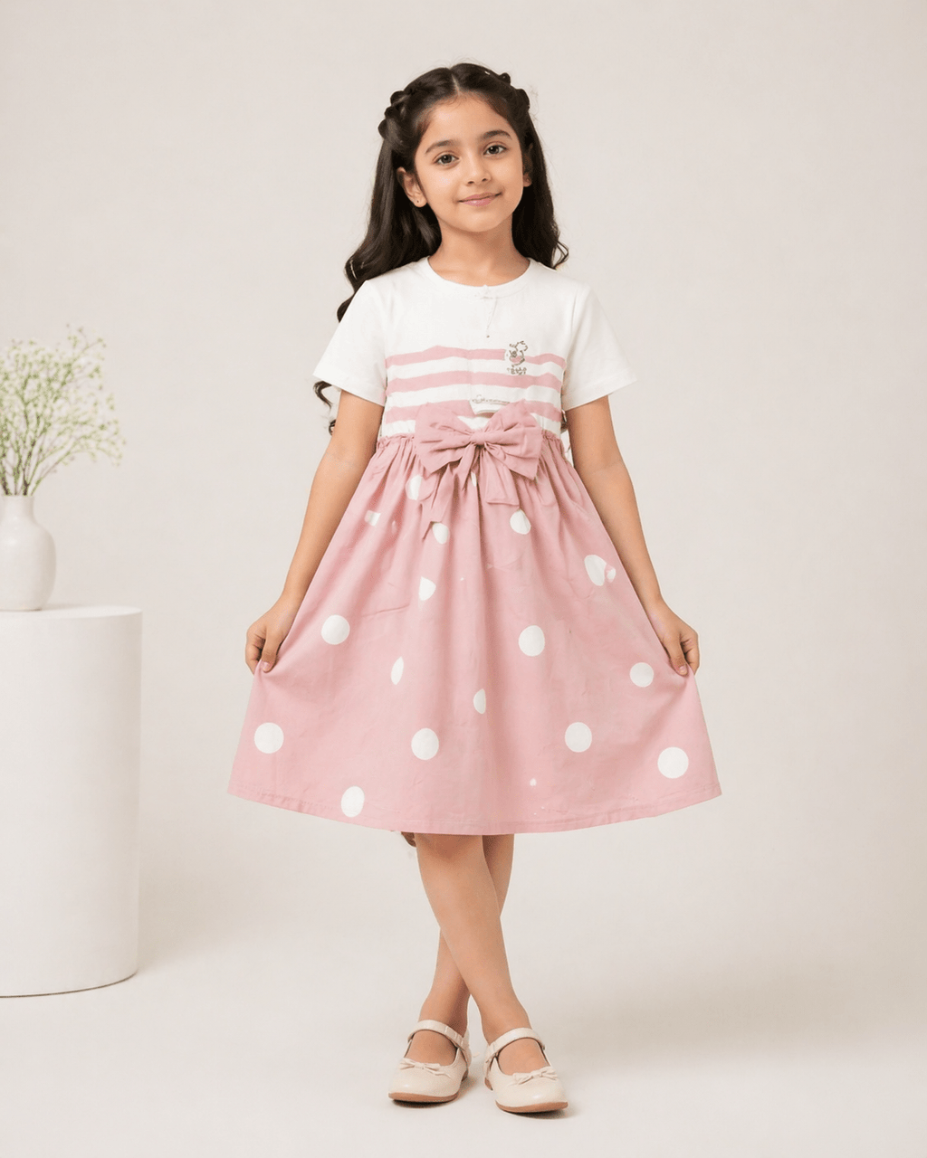Girls Polka Dot Bow Dress - Clothick