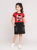 Girls Red & Black Denim Style Casual Dress - Clothick