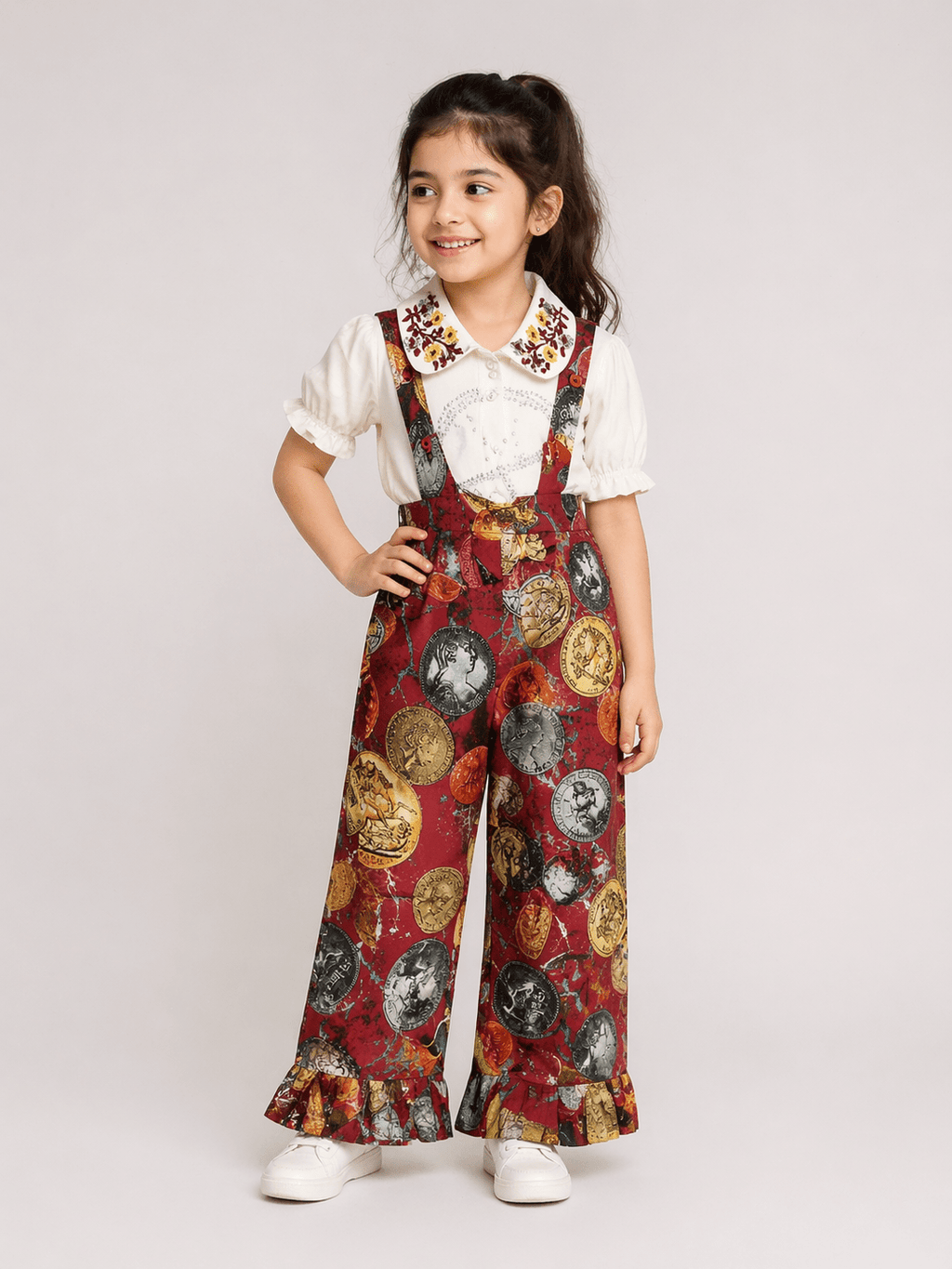 Girls Stylish Printed Dungaree Set with White Top - Clothick
