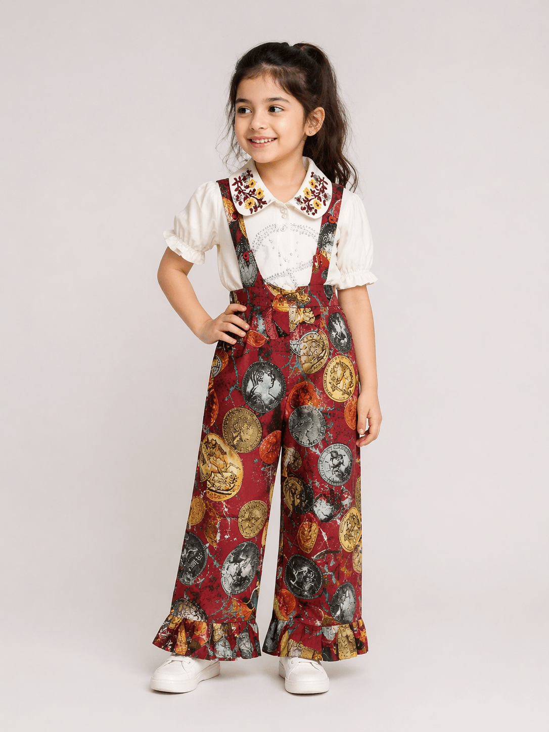 Girls Stylish Printed Dungaree Set with White Top - Clothick