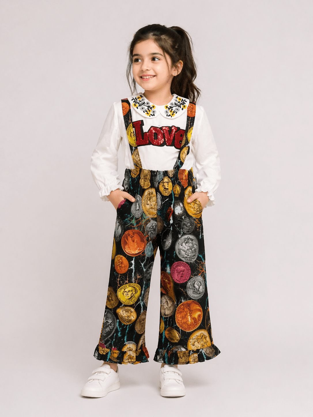Girls Stylish Printed Dungaree Set with White Top - Clothick